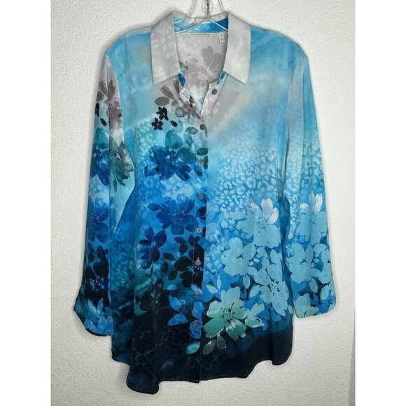 Soft Surroundings Tops - Soft Surroundings Shirt Womens Medium Blue Silk Floral Button Front Tunic Top